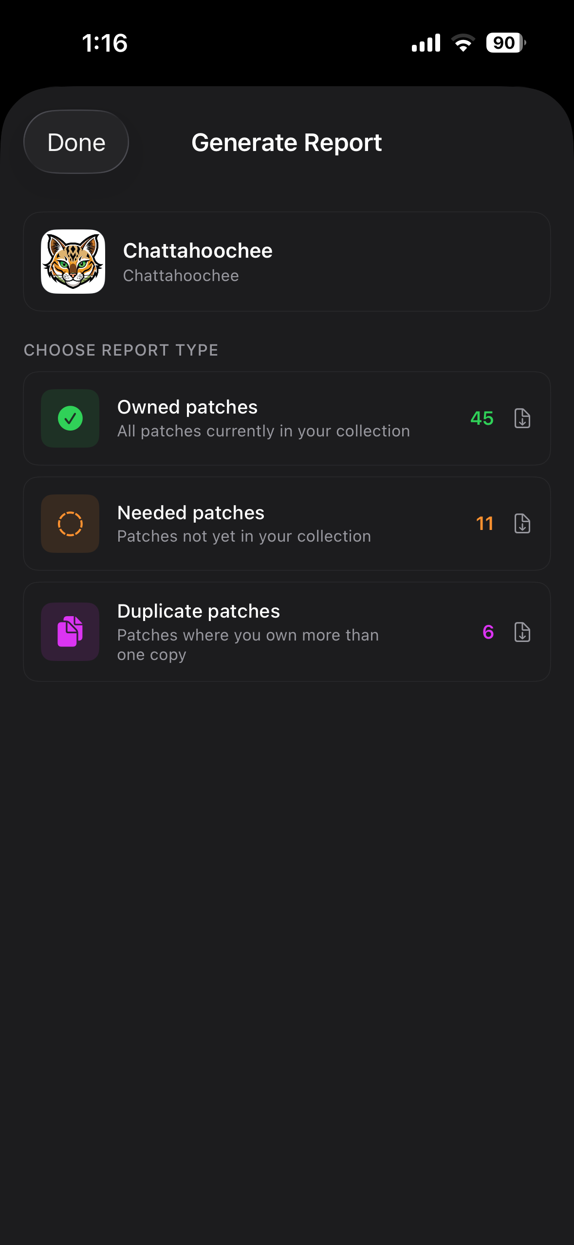 Reports screen