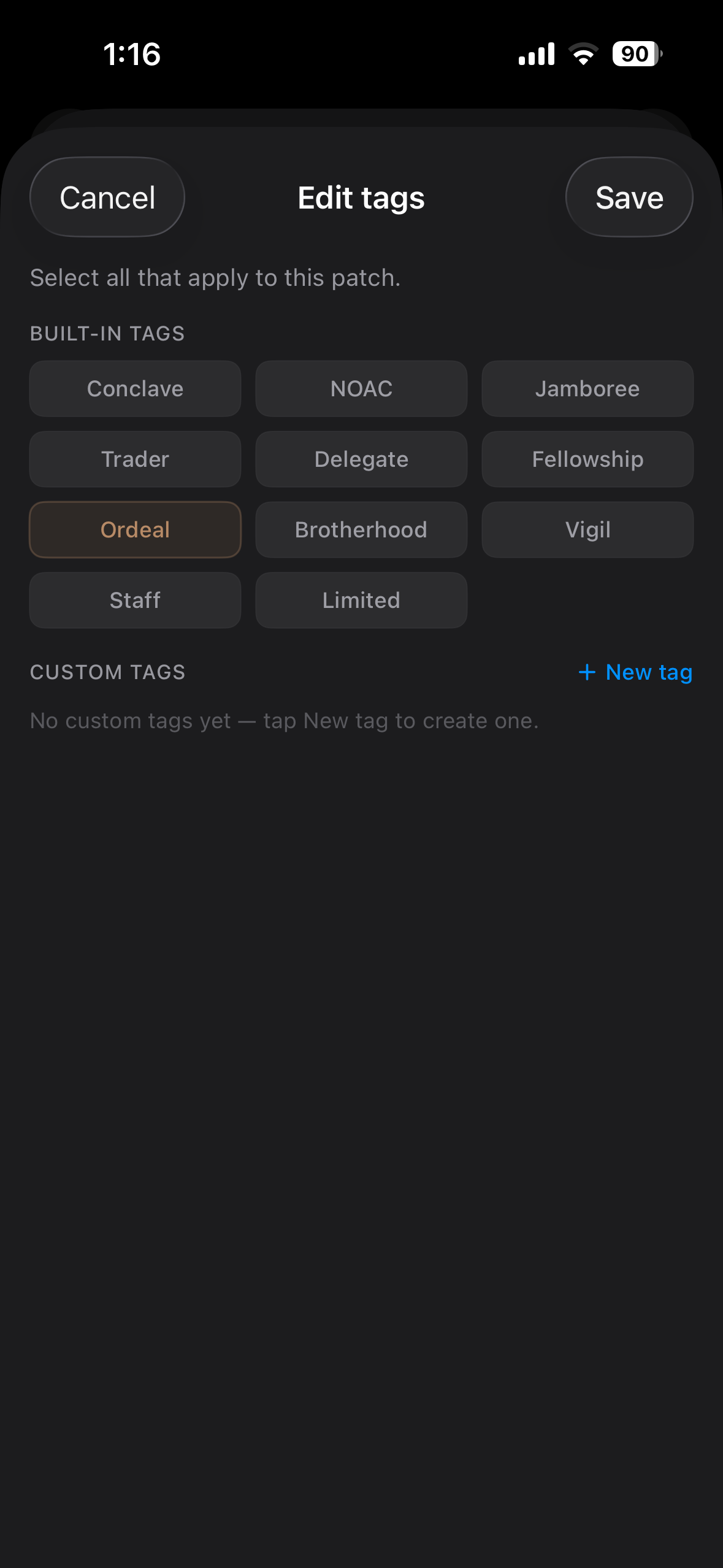 Tags screen